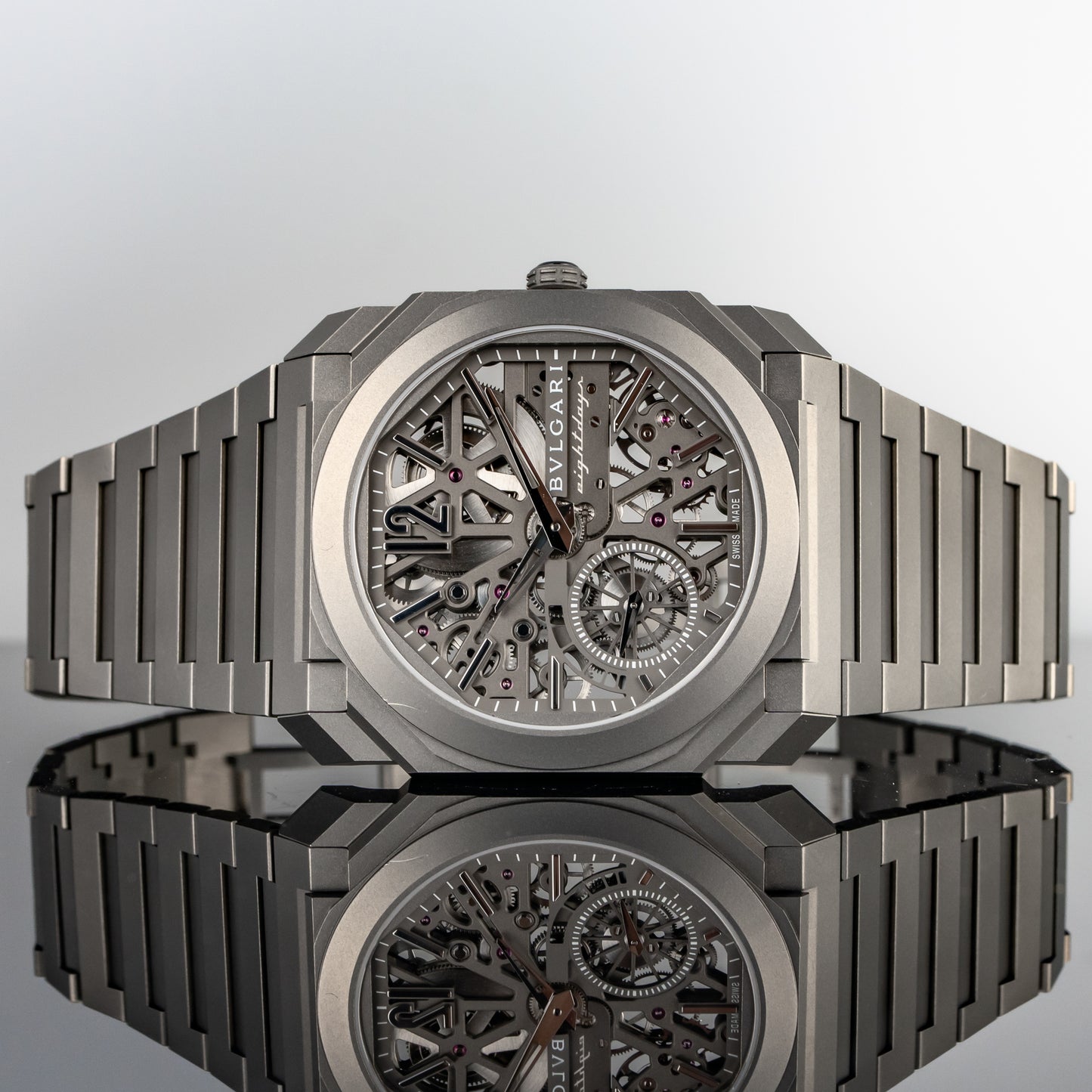 2023 Bvlgari Octo Finissimo 8 Day Power Reserve Titanium Skeleton 103610, Full Set + Blue leather strap