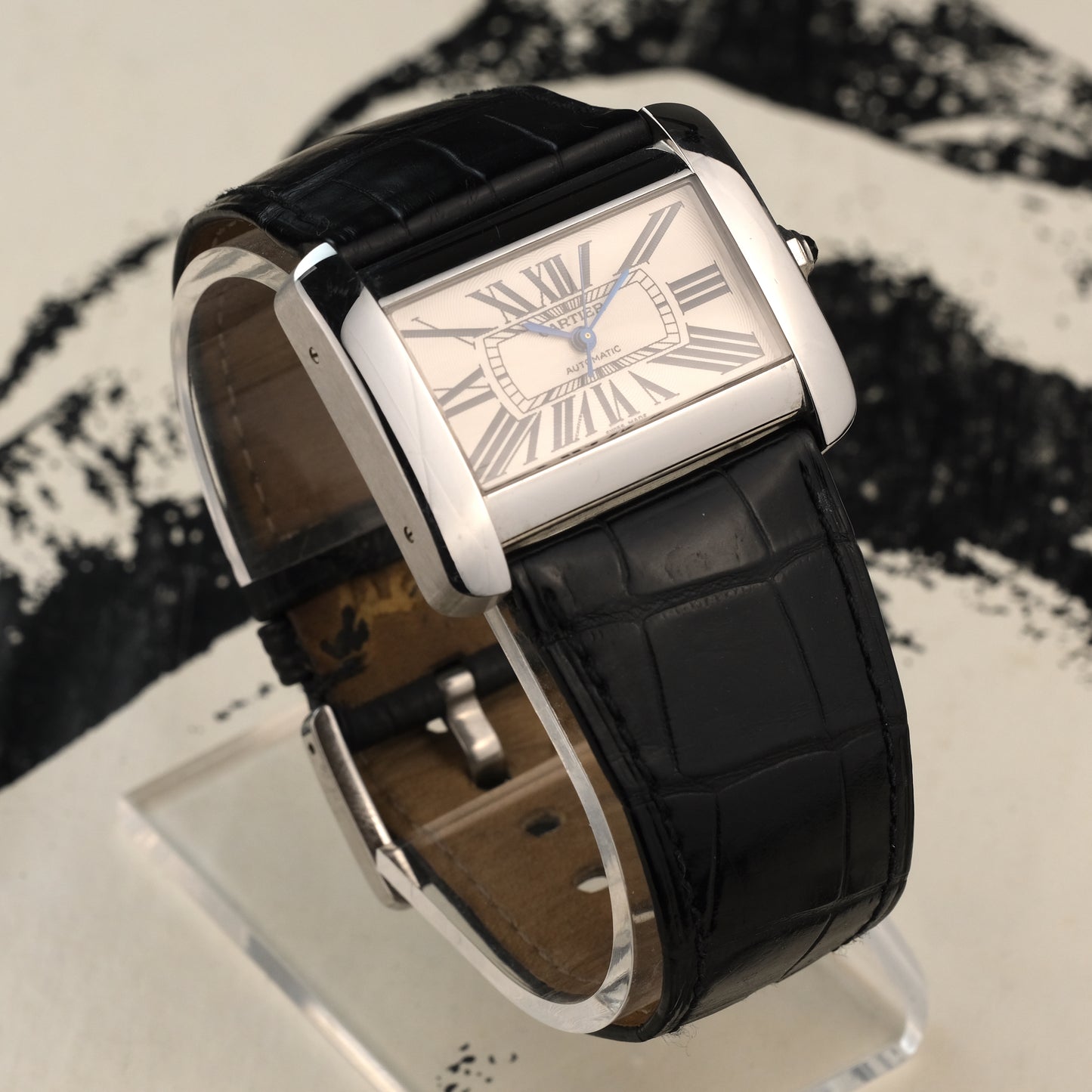 2005 Cartier Tank Divan 2612 with box, papers, and extra white leather strap