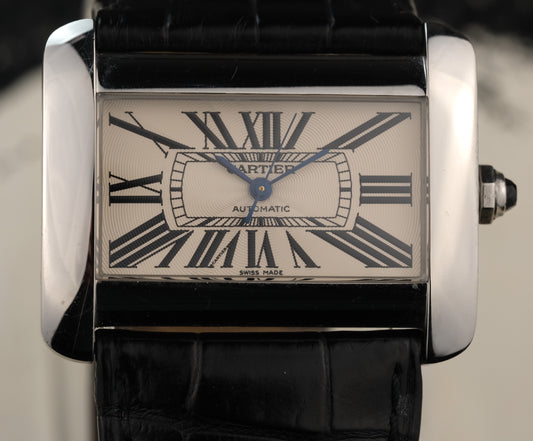 2005 Cartier Tank Divan 2612 with box, papers, and extra white leather strap