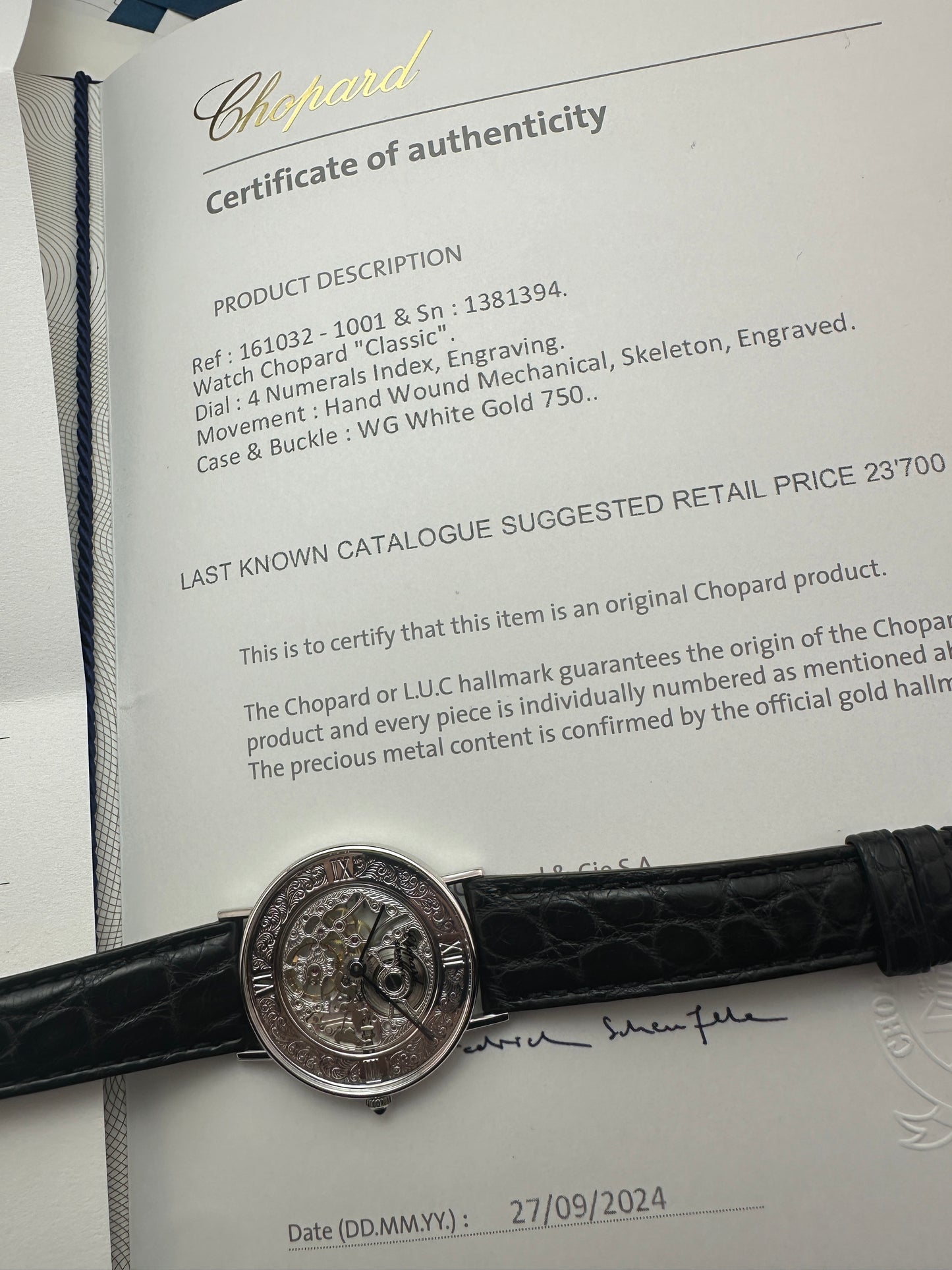 Chopard White Gold Skeleton with Original Buckle, 2024 Chopard service papers and Chopard certificate of authenticity