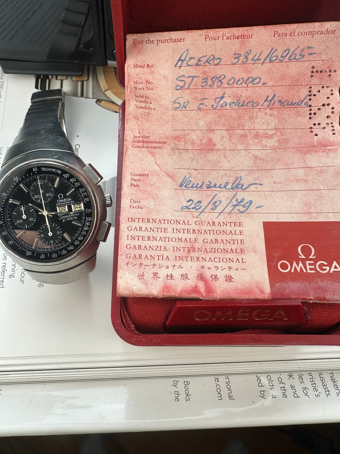 Omega 188.0001 Speedsonic Lobster Chronograph, box and papers