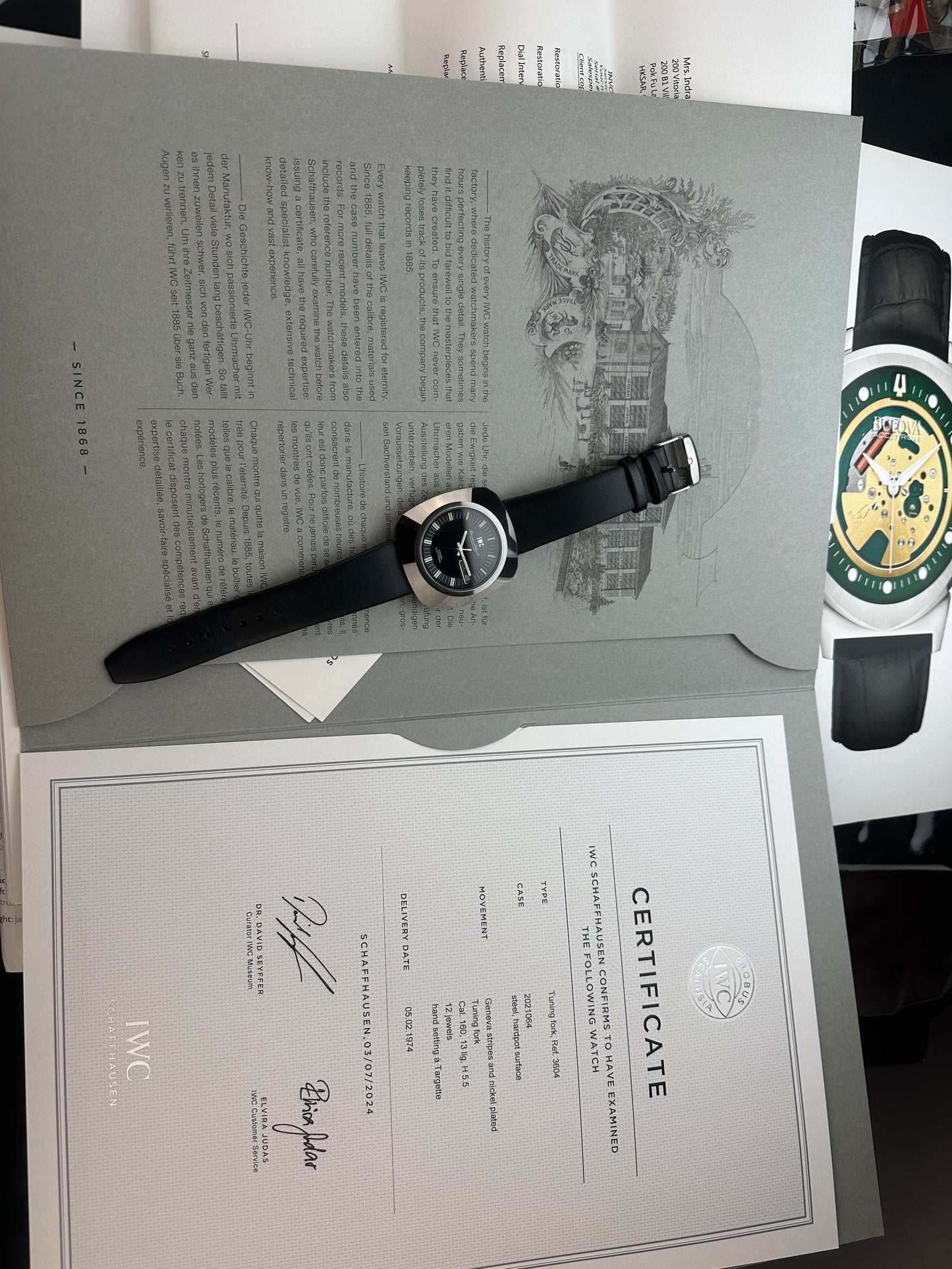 1974 IWC Edison Tuning Fork Watch with 2024 service papers and certificate of authenticity