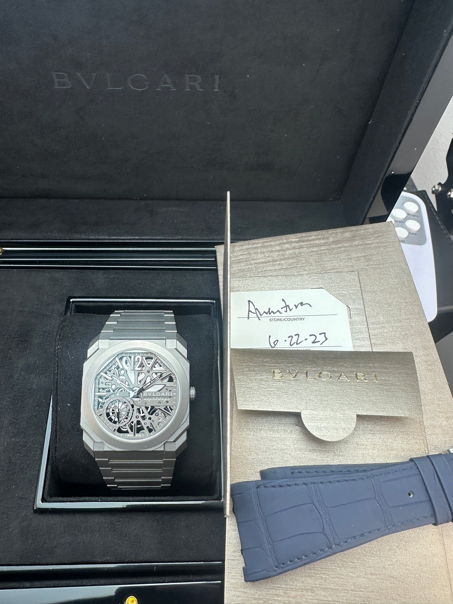 2023 Bvlgari Octo Finissimo 8 Day Power Reserve Titanium Skeleton 103610, Full Set + Blue leather strap