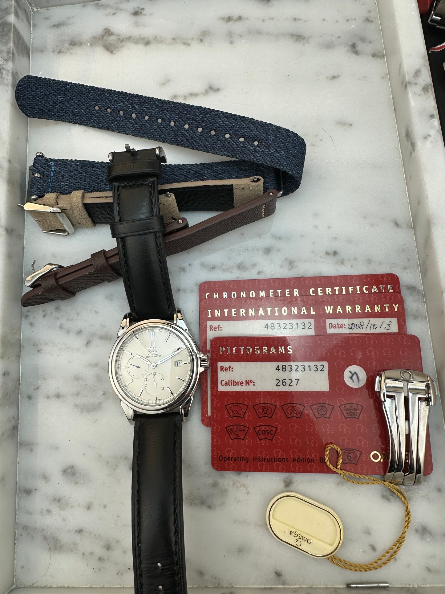 2013 Omega Deville Coaxial Power Reserve, 4832.31.32 with papers, tag, extra straps